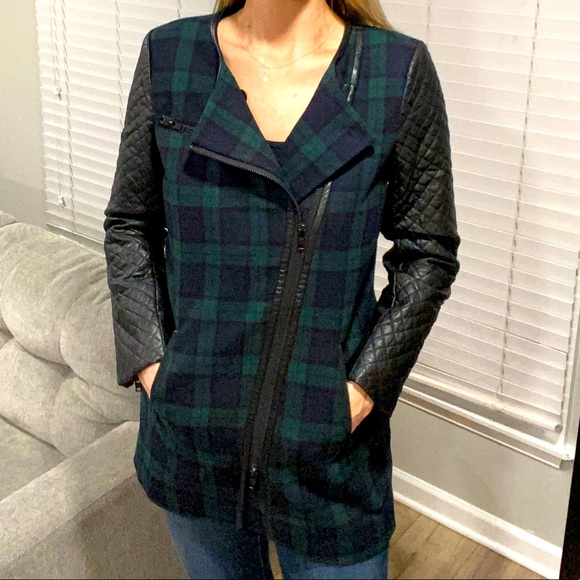 NWT WALTER BAKER 118 Sadie Blue Green Plaid Faux Leather Sleeve Coat MED - Picture 3 of 11
